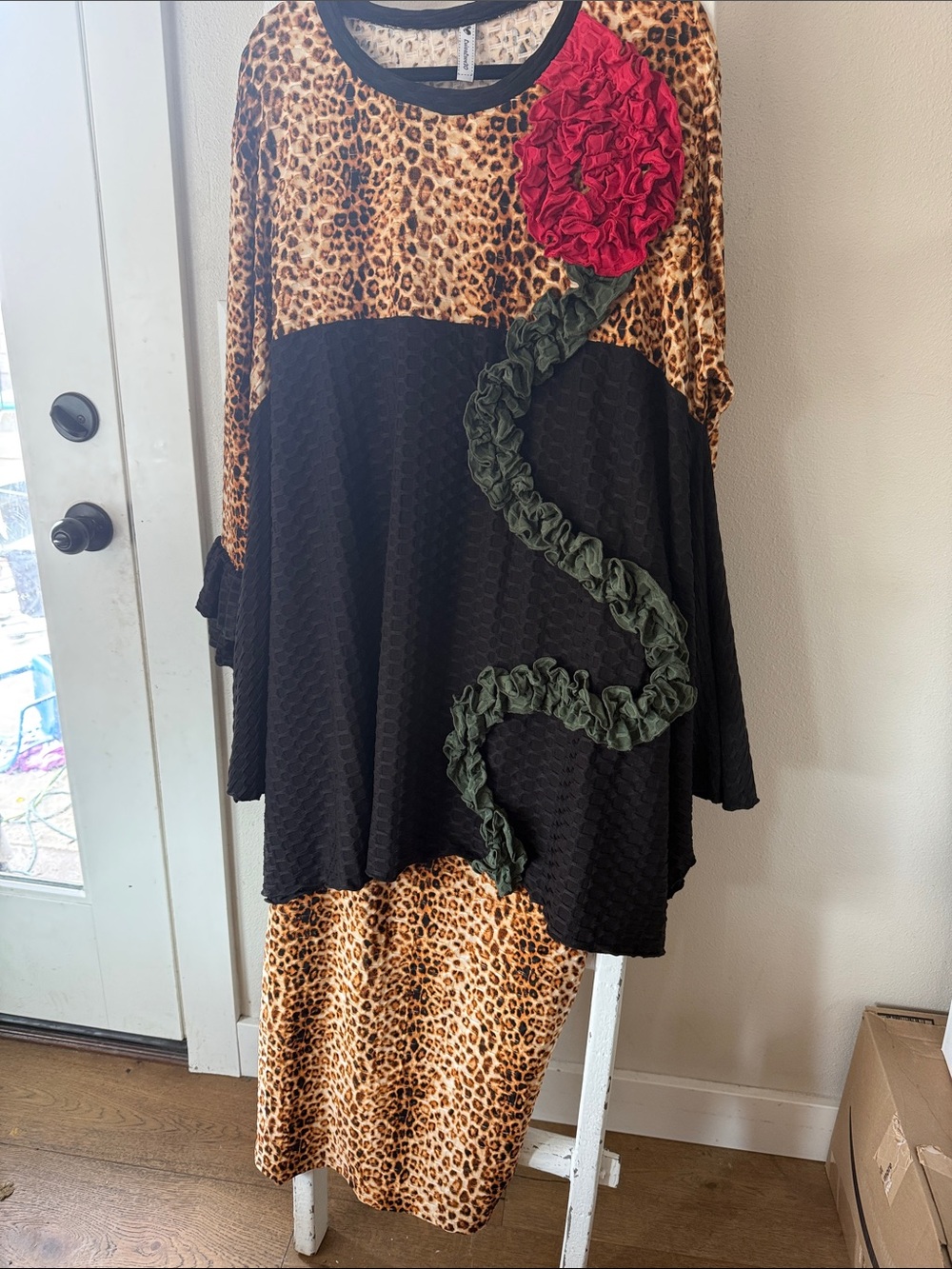 Leopard & Black Floral Appliqué Shirt and Skirt Set